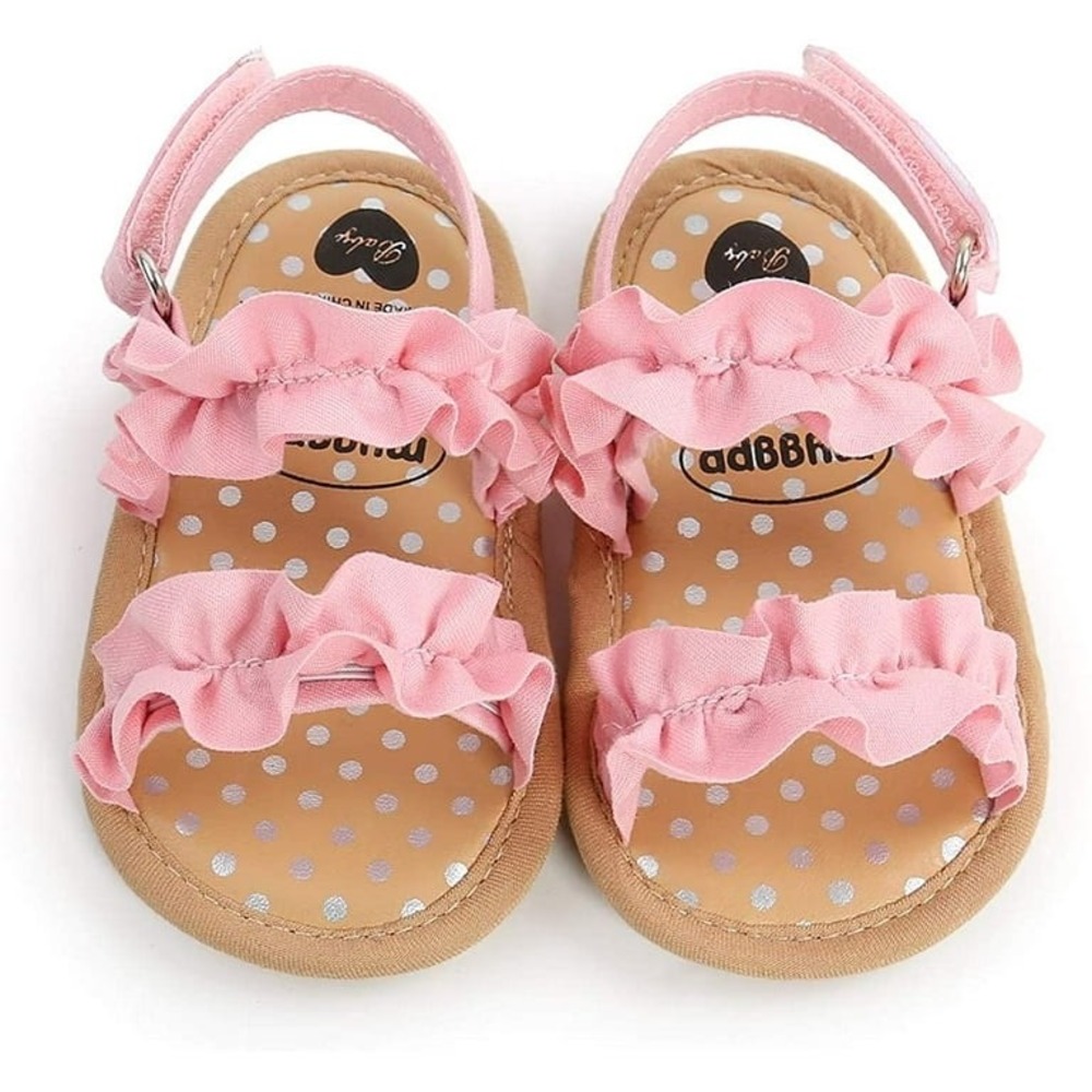 Myggpp Baby Girls Pink Ruffle Sandals Polka Dot Soft Sole Summer Shoes 0-6M
